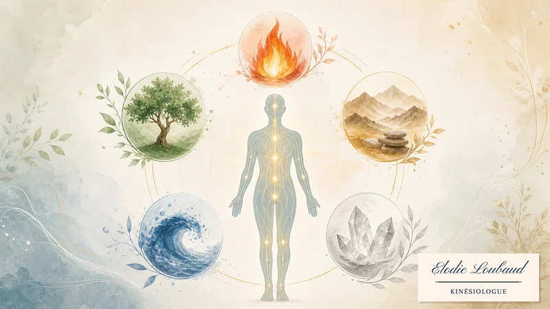 Illustration de la kinésiologie avec méridiens énergétiques et 5 éléments