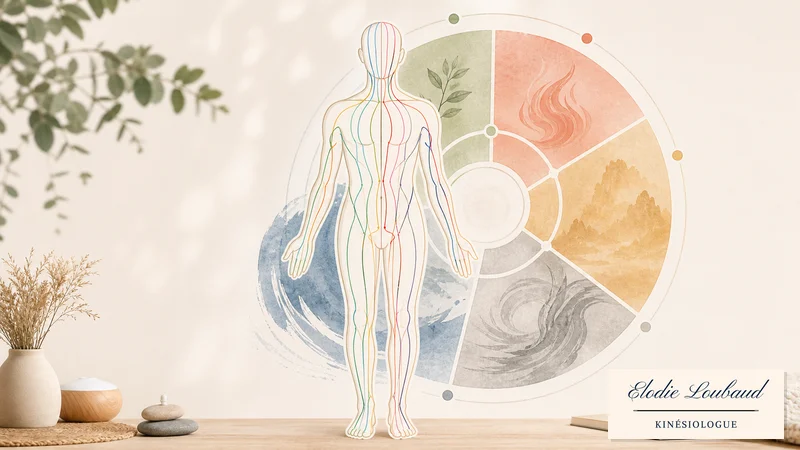 Illustration douce des 14 méridiens en kinésiologie avec silhouette humaine et roue des 5 éléments